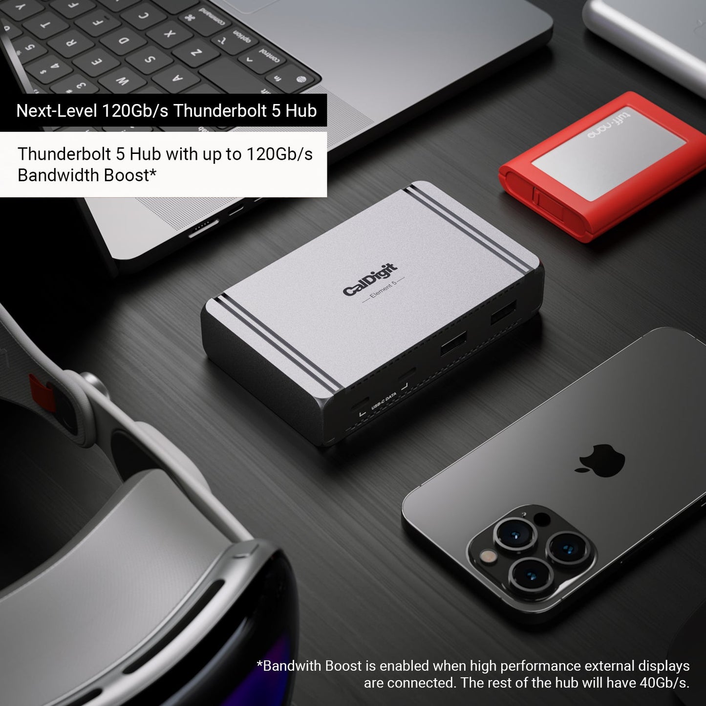 The Element 5 hub on a desk with devices around it including an iPhone, Tuff nano, and laptop. Text on the image says "Next-level 120Gb/s Thunderbolt 5 Hub", and "Thunderbolt 5 Hub with up to 120Gb/s Bandwidth Boost".