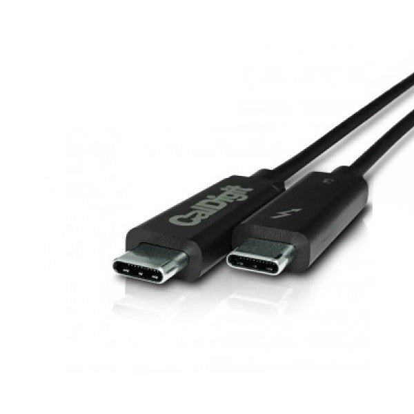 CalDigit Thunderbolt 3 cable on a white desk.