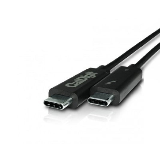 CalDigit Thunderbolt 3 cable on a white desk.