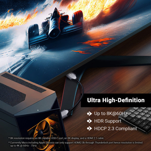 DisplayPort to HDMI Adapter connected to a gaming PC and monitor. Text says "Ultra High-Definition", Up to 8K at 60Hz", HDR Support, HDCP 2.3 Compliant".