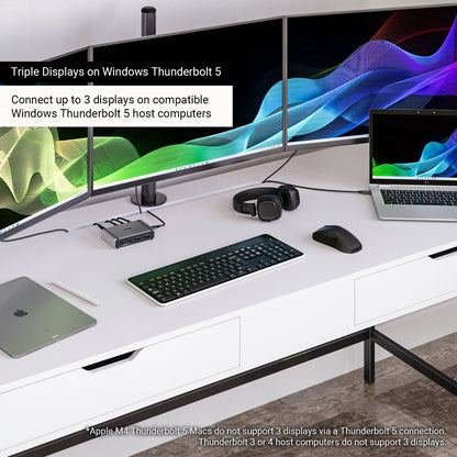 The Element 5 Hub on a desk connected to a Windows computer and three monitors. Text on the image says "Triple Displays on Windows Thunderbolt 5", and "Connect up to 3 displays on compatible Windows Thunderbolt 5 host computers".