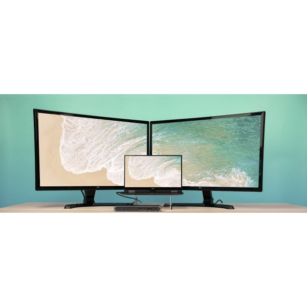 USB-C HDMI Dock connected to a Windows computer, and two monitors.