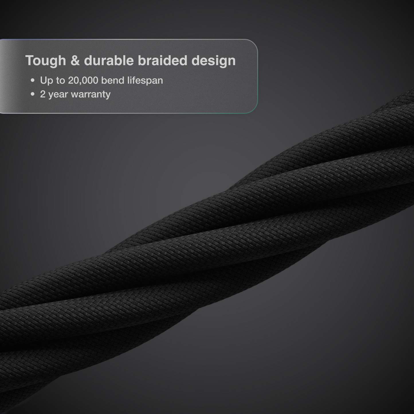 A close up image of multiple Thunderbolt 5 Pro Cables tangled together highlighting the braided part of the cable. Text says "Tough & Durable Braided Design".