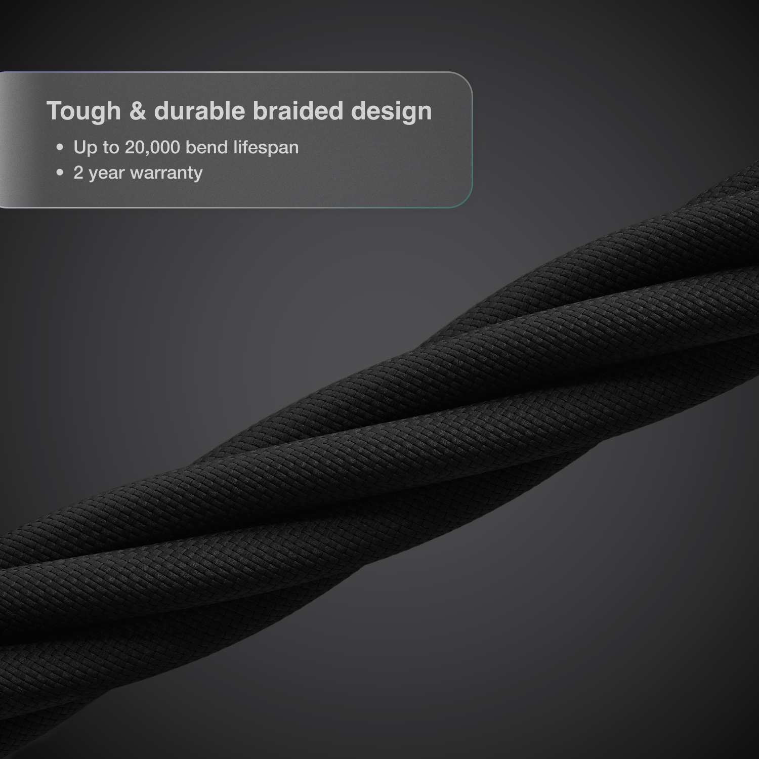A close up image of multiple Thunderbolt 5 Pro Cables tangled together highlighting the braided part of the cable. Text says "Tough & Durable Braided Design".