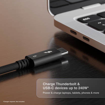 A close up image of a laptop's Thunderbolt port with a Thunderbolt 5 Pro Cable next to the port. Text on the image says "Charge Thunderbolt & USB-C devices up to 240W".