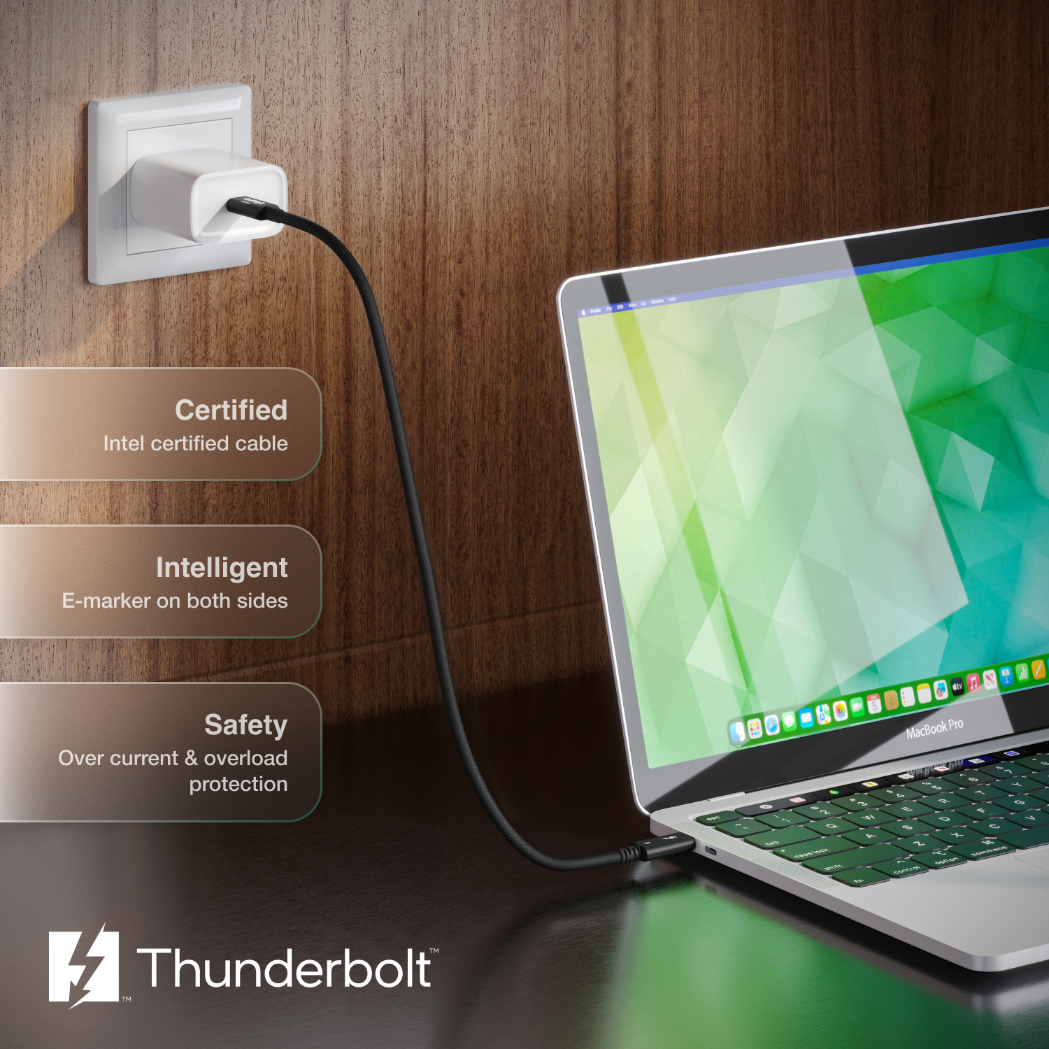 An image of a laptop on a desk with the Thunderbolt 5 Pro Cable connected to it and the other end of the cable is going into a SUB-C charger connected to a wall outlet. There is text on the image indicating features of the cable and a Thunderbolt logo.