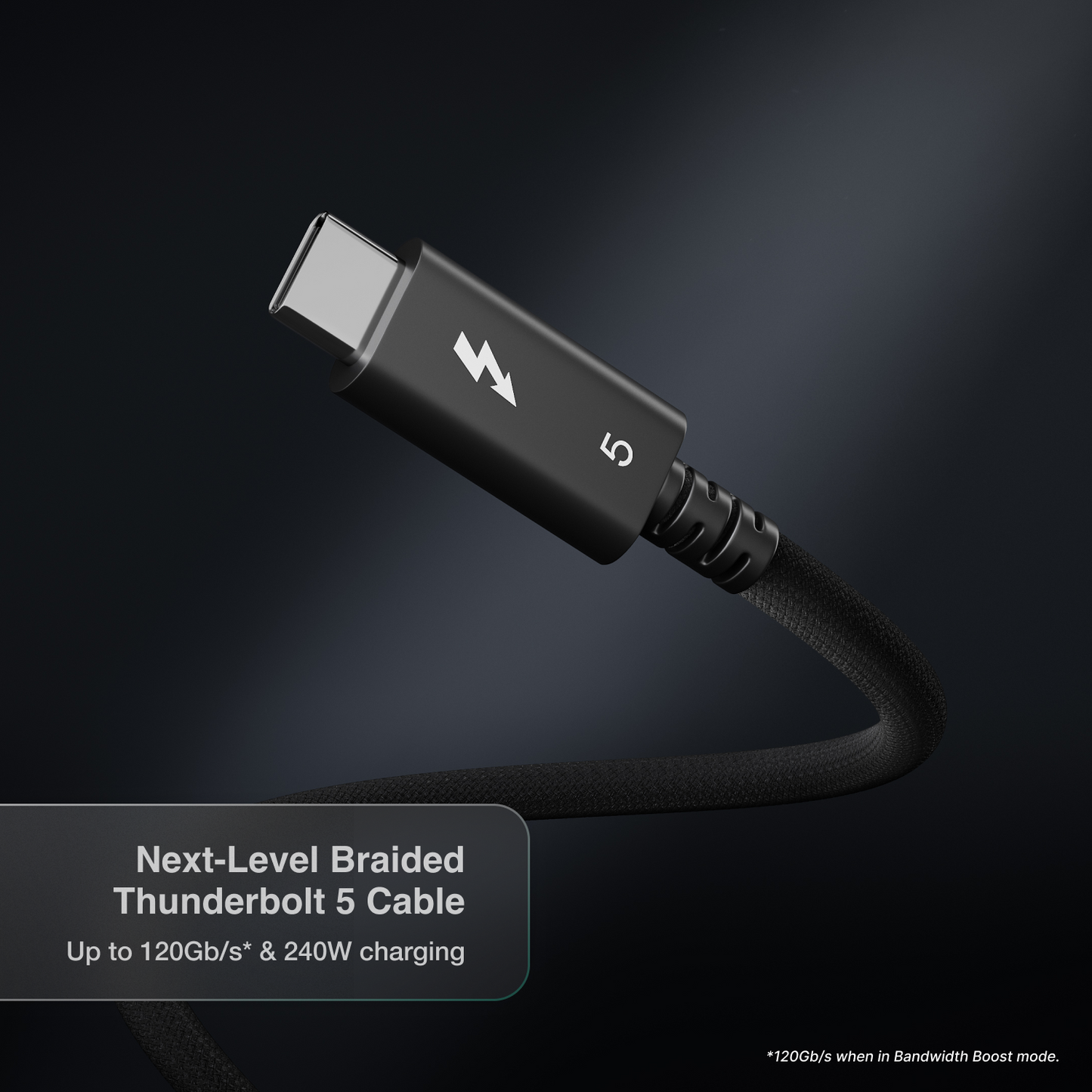 An image of a Thunderbolt 5 Pro Cable coiled with text in the image saying Level Braided Thunderbolt 5 Cable.