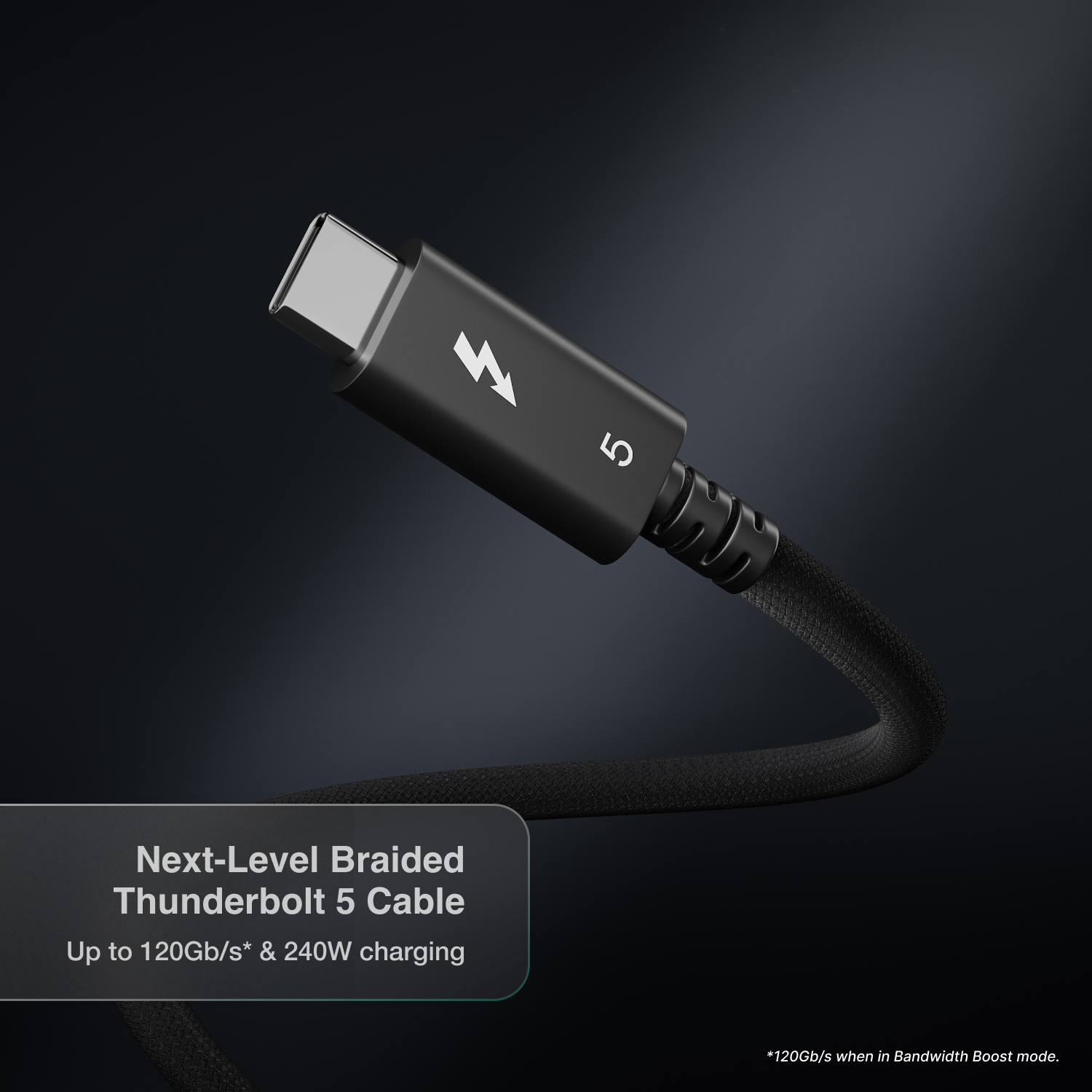 An image of a Thunderbolt 5 Pro Cable coiled with text in the image saying Level Braided Thunderbolt 5 Cable.