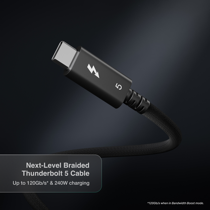 An image of a Thunderbolt 5 Pro Cable coiled with text in the image saying Level Braided Thunderbolt 5 Cable.
