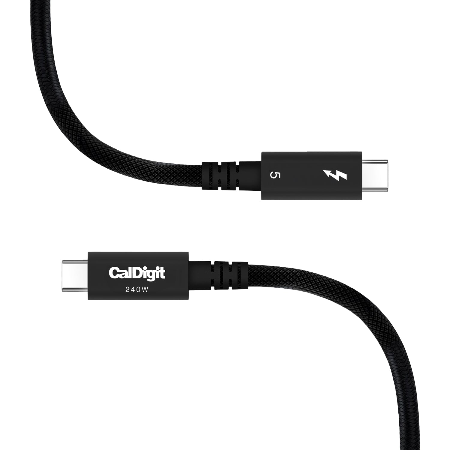 An image of both connectors of the 2m CalDigit Thunderbolt 5 Pro Cable showing each side of the connector on a white background.