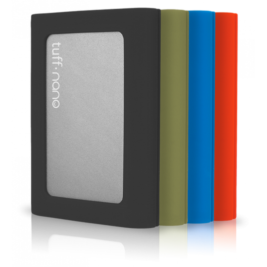 A black, green, blue, and orange Tuff nano next to each other. 