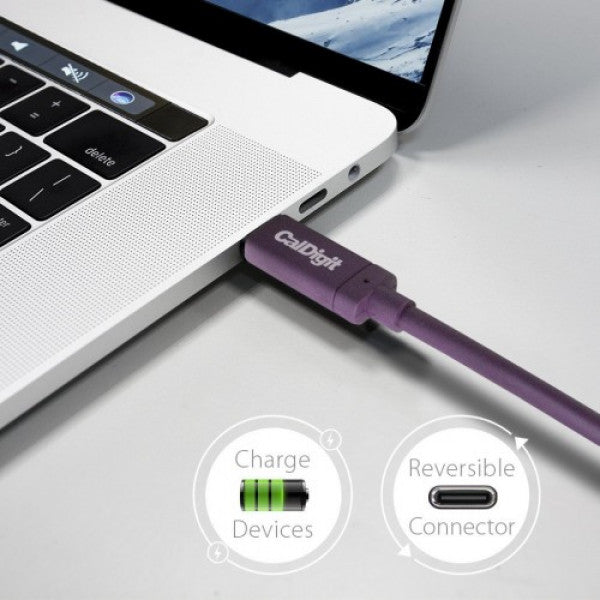 CalDigit USB-C cable connected to a MacBook Pro, and icons indicating charging and reversible connector.