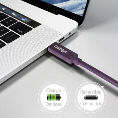 CalDigit USB-C cable connected to a MacBook Pro, and icons indicating charging and reversible connector.